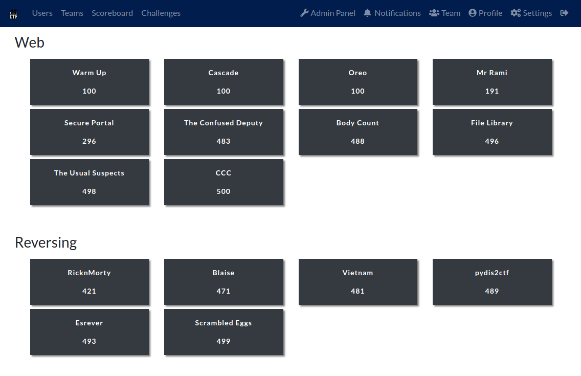 Interface web d&#39;une plateforme de CTF